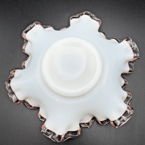 Vintage Fenton Rose Crest Milk Glass Bowl Dish Pink Ruffled Crimped Edges 6" - Picture 4 of 7